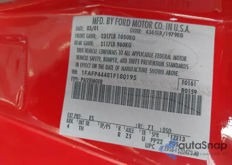 2001 Ford Mustang из США, поврежденный, VIN 1FAFP44481F180195